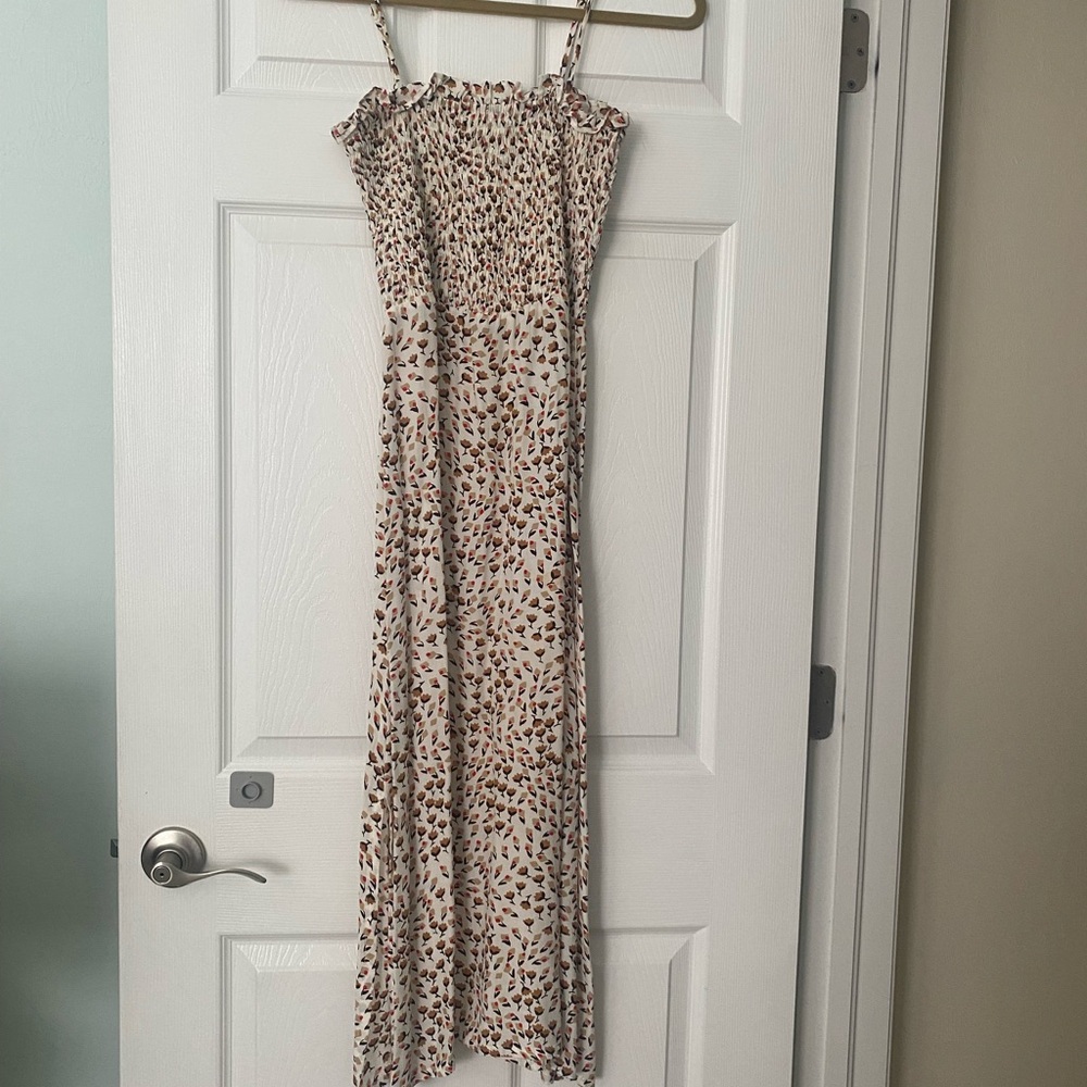 Faithfull the Brand Cream Maxi Dress with Brown & Rust Leaf Print